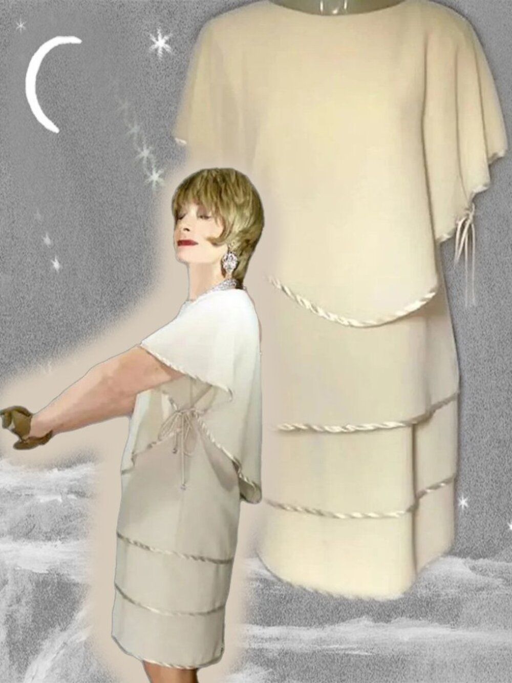 Beige Chiffon Capelet Dress Formal High Society Glamour